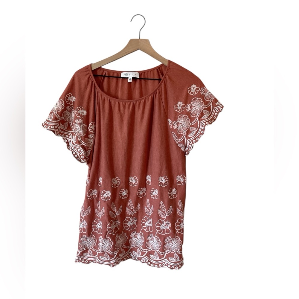 Fever Womens Small Rust Peasant Boho Top Embroidered Cap Sleeves Burnt Orange